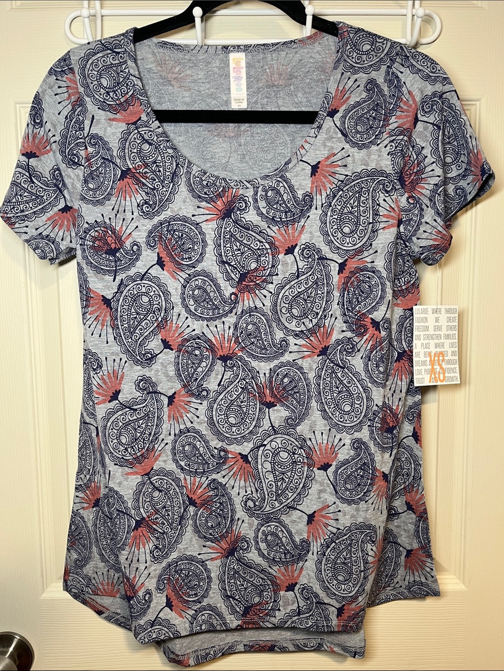 LuLaRoe Short-Sleeve Paisley Tee in Gray, Navy & Coral